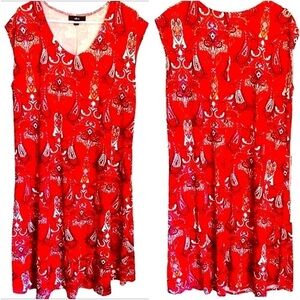 ELLOS Red Paisly Shift Dress Capped Sleeves Scoop Neck 100 Viscose Knee Length M